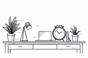 Empty office workplace interior design in line art style. Business objects, vector elements and equipment. Modern office with furniture and computer on table, chairs, potted plant, panoramic window