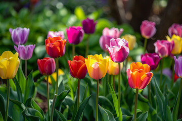 Fototapeta premium A collection of colorful tulip flowers in full bloom in a garden, showcasing vibrant petals and green leaves under the sunlight