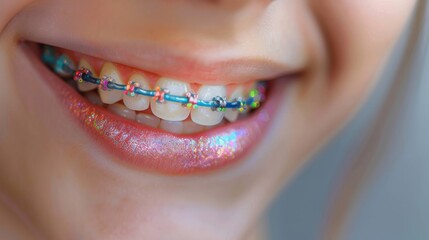 close up of a mouth with braces colorful