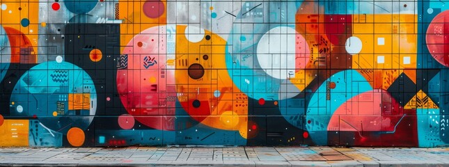 Abstract urban street art with a colorful montage of geometric shapes and patterns.