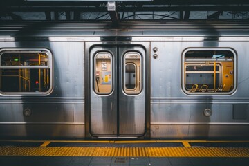 Photo of an open door on the side of a subway train at a New York City station Generative AI - obrazy, fototapety, plakaty