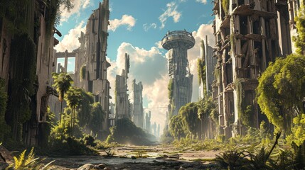 A futuristic city overgrown with plants. The city has tall old buildings and a tower in the background. The sky is blue with white clouds. - obrazy, fototapety, plakaty