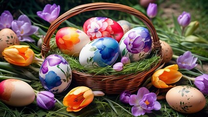 Beautifully painted with floral pattern Easter eggs in wicker basket, purple crocus and peach tulip...