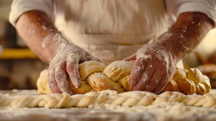 A baker braiding strands of dough for a beautiful loaf of bread - obrazy, fototapety, plakaty