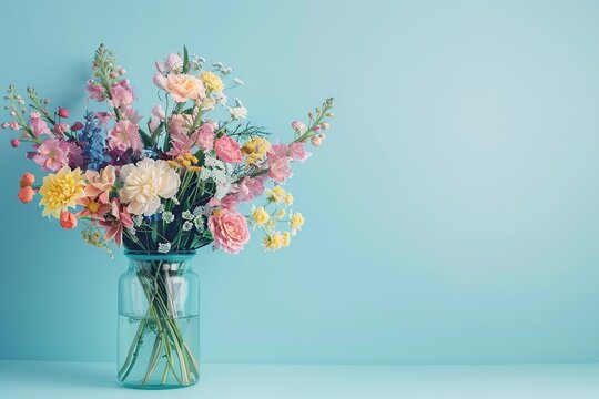 Fresh cut spring flowers in vase on blue background
