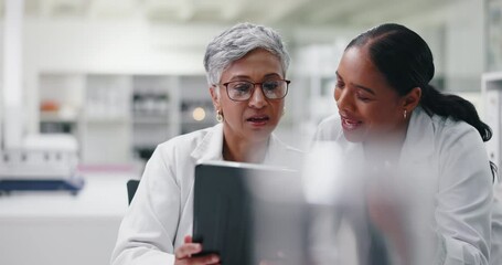 Laboratory, research and team of women with tablet for medical science, results or online review. Digital app, advice and scientist with lab technician in consultation on pharmaceutical study website - Powered by Adobe