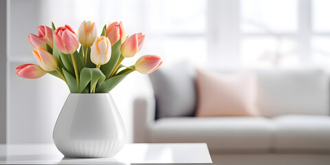 Pink tulip flowers in a vase on table,  modern grey living room interior design in background