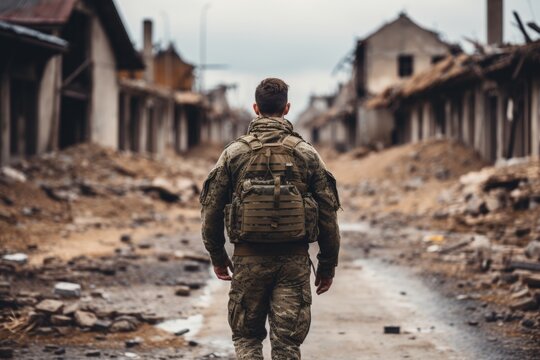 Unidentified soldier in camouflage uniform walking through a desolate city ruined by war