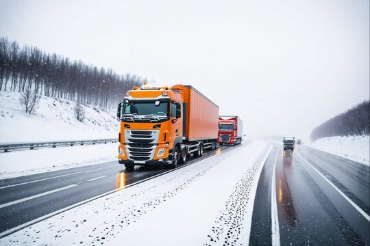 truck with cargo on the highway in winter. Freight transportation