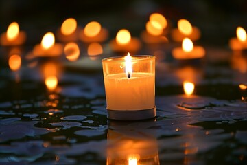 A serene image capturing a quiet moment before the dawn of International Labour Day, with a single, brightly lit candle among a sea of dimly lit candles in the background, symbolizing the light