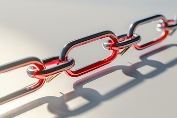 A symbolic image showing a sturdy chain made of paper clips, with one link being a vibrant red...