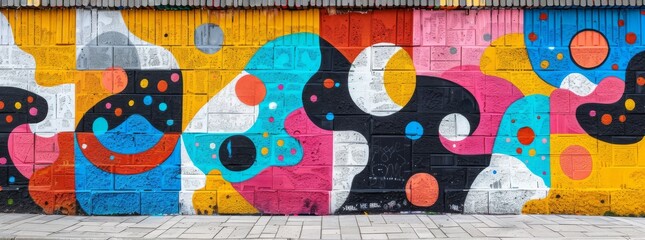 Colorful abstract mural with organic shapes and playful patterns on a corrugated wall.