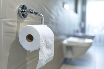 Toilet paper roll on holder in bathroom