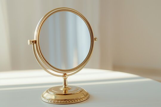Golden round mirror for makeup on table