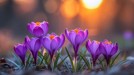 Group of blooming purple crocus delicate flowers against a background of green grass blurred. Gentle sunlight. dew drops on flowers.  - obrazy, fototapety, plakaty
