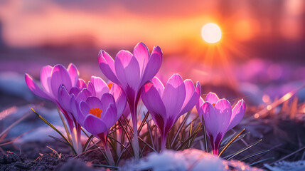 Group of blooming purple crocus delicate flowers against a background of green grass blurred. Gentle sunlight. dew drops on flowers.  - obrazy, fototapety, plakaty