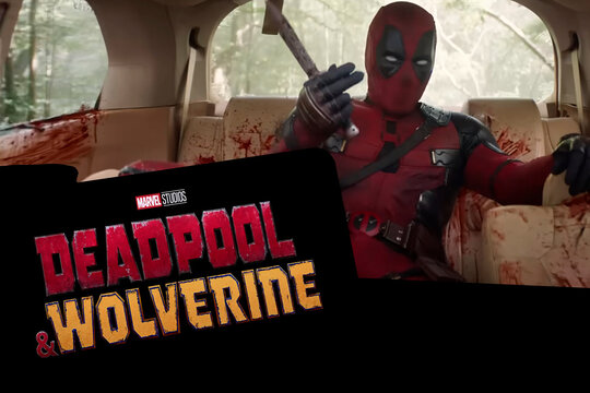 Logo of Deadpool and Wolverine movie on phone screen with movie trailer on the background on TV screen.