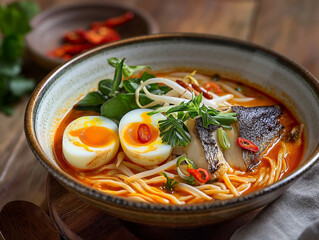 Curry Noodles with Half-Boiled Egg and Salmon Fillet