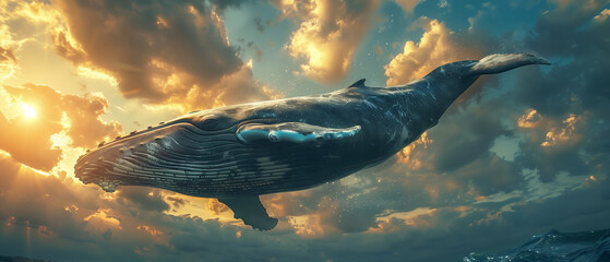 A whale flying on the cloudy sunset sky above the ocean, sureal fantasy theme illustration