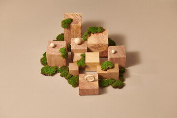 Product display block stand with nature wooden with copy space