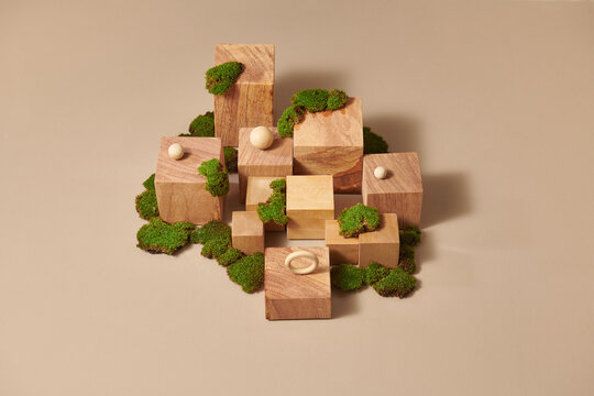 Product display block stand with nature wooden with copy space