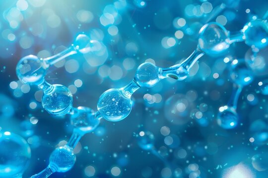 Blue molecular structures floating in a liquid serum background Symbolizing scientific innovation