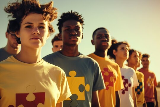 An inspiring image of a diverse group of people, each wearing a t-shirt with a piece of a puzzle that forms the International Labour Day logo when they stand together.