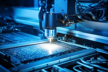 Precision glass cutting using state-of-the-art laser technology on advanced machinery - obrazy, fototapety, plakaty