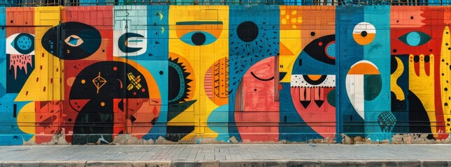Whimsical and colorful street art mural featuring abstract facial elements and playful designs on a building.
