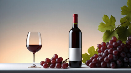 Obraz premium Bunch of grapes, full glass and bottle of wine over a sunset background. Wine creation process, winery advertisements, brand image.