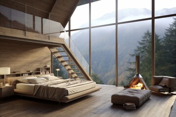 Modern minimalist bedroom in spacious house with cozy fireplace and stunning mountain view