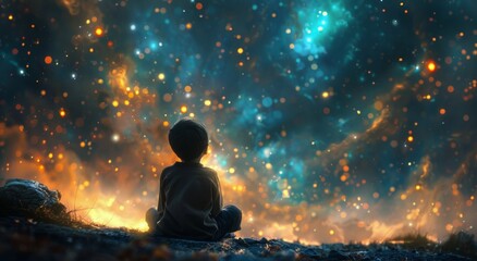 Fototapeta na wymiar Boy Sitting on Hill Looking at Stars