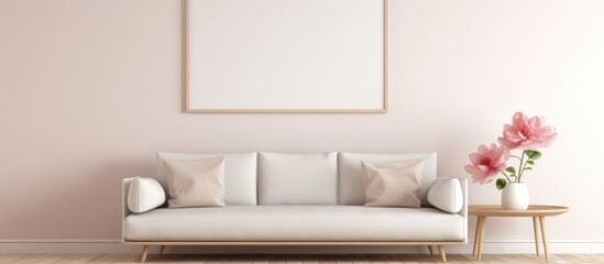 A living room featuring a white couch adorned with pink flowers. The room is well-lit, with a cozy atmosphere.