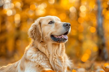 Golden retriever dog enjoying the vibrant colors of autumn nature Presented as a wide banner Ideal for themes of pet care Autumn activities And the joy pets bring to outdoor adventures