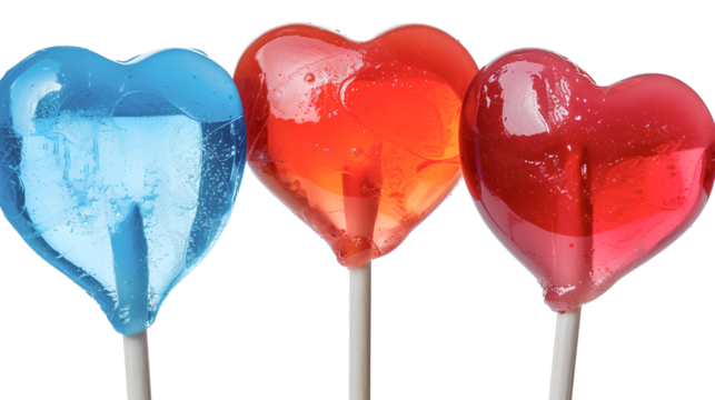Three colored heart lollipops isolated on a transparent background