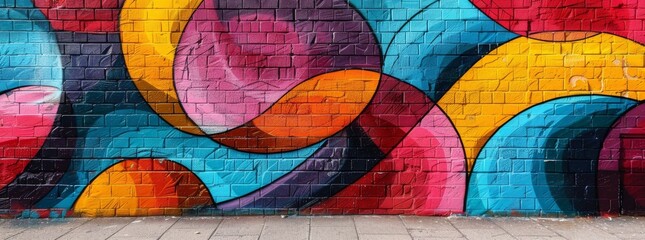Dynamic abstract mural with bold curves and vivid color blocks on a city street.