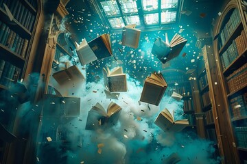 Magical reading moment Flying books Imagination and knowledge Fantasy world Literary adventure