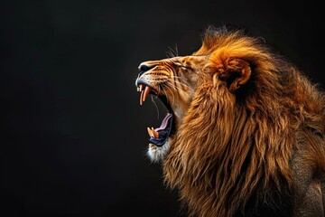 Majestic lion roaring against a black backdrop Embodying power and royalty