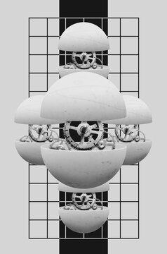 Collage with separated sphere with gear wheels inside
