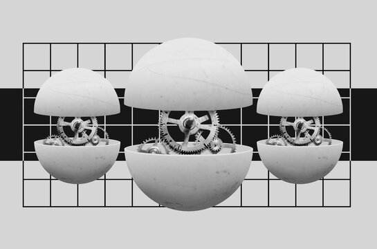 Collage art with separated sphere with gear wheels inside