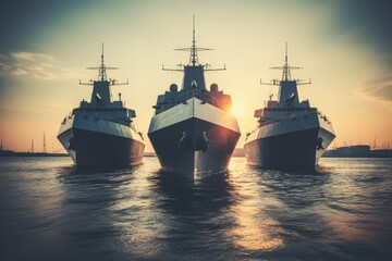 Fototapeta premium Modern military naval warships conducting tactical exercises in the vast open sea