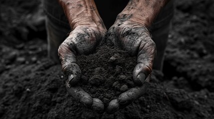 Hands of an elderly woman holding a handful of soil in black and white. A close-up shot of a person's hands holding a handful of soil, with the earth slowly slipping through their fingers.
