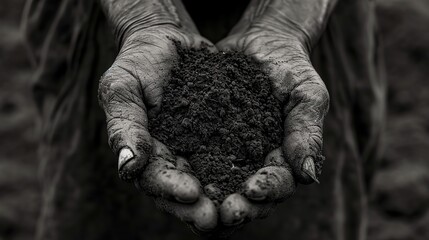 Hands of an elderly woman holding a handful of soil in black and white. A close-up shot of a person's hands holding a handful of soil, with the earth slowly slipping through their fingers. - obrazy, fototapety, plakaty