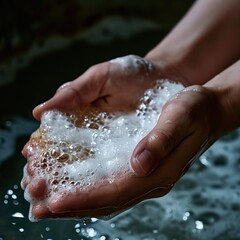 Fototapeta premium Washing hands with soap in a bathtub, close-up. A close-up shot of a person's hands lathering soap, capturing the beauty in the simplicity of daily hygiene.