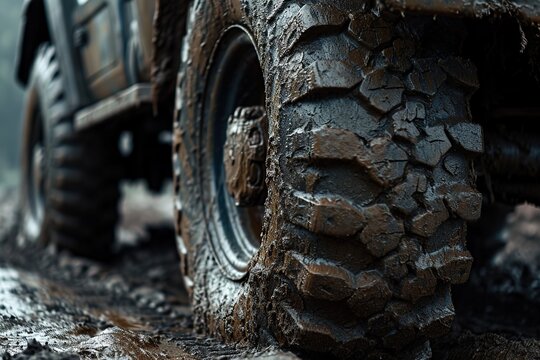 Off-road vehicle in mud. A close-up shot of a rugged, mud-covered pickup truck, its massive tires gripping the earth. The image highlights the raw power and durability of the vehicle. 