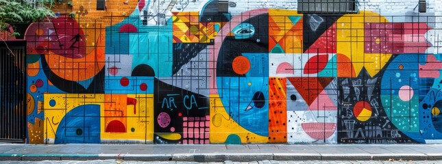 Expansive and colorful street art mural on a city wall, showcasing a rich tapestry of abstract shapes and vivid hues, embodying the dynamic street culture.