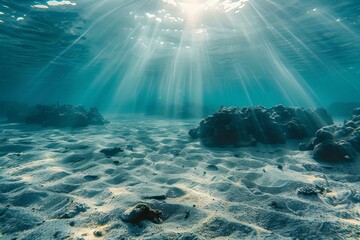 Serene underwater landscape Sunlight filtering through the ocean Peaceful marine environment - obrazy, fototapety, plakaty