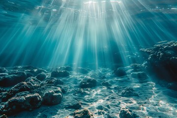 Serene underwater landscape Sunlight filtering through the ocean Peaceful marine environment - obrazy, fototapety, plakaty