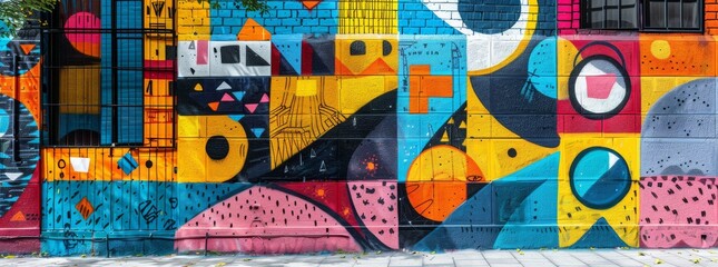 Expansive and colorful street art mural on a city wall, showcasing a rich tapestry of abstract shapes and vivid hues, embodying the dynamic street culture.