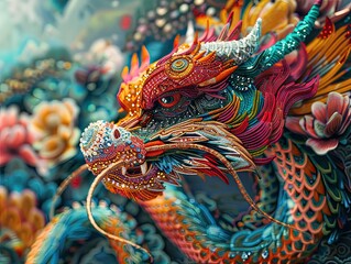 A vibrant, detailed illustration of a mythical dragon